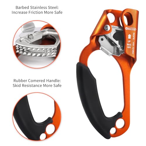 UIAA & CE Certified Hand Ascender Rock Climbing Tree Arborist Rappelling Gear Equipment Rope Clamp for 8~13MM Rope - color: Orange-Left