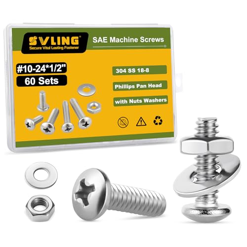 #10-24 x 1/2" Pan Head Machine Screws Nut Bolt Washer Assortment Kit,(60 Sets) 304 Stainless Steel 18-8 Phillips Drive Full Thread Assorted - size: #10-24 x 1/2"