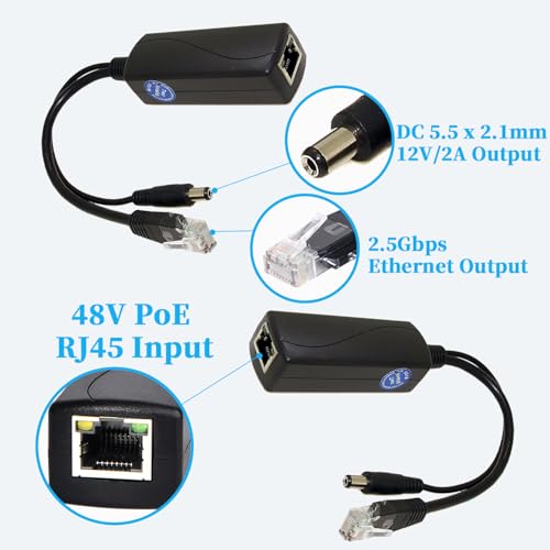 2.5G PoE Splitter 12V/2A, DC 5.5 * 2.1mm Plug, 48V PoE to DC 12V/2A 24W Output, 2.5Gbps Ethernet Comply IEEE802.3af/at, Plug and Play for IP Camera, Smart Home - style: PS5712TG-X DC 12V/2A