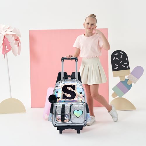 HTgroce Cute Rolling Backpack with Wheel,School Backpack for Kids Girl Roller Schoolbag Wheeled Backpacks Set Carry-on Luggage,Initial S - color: Silver, style: S