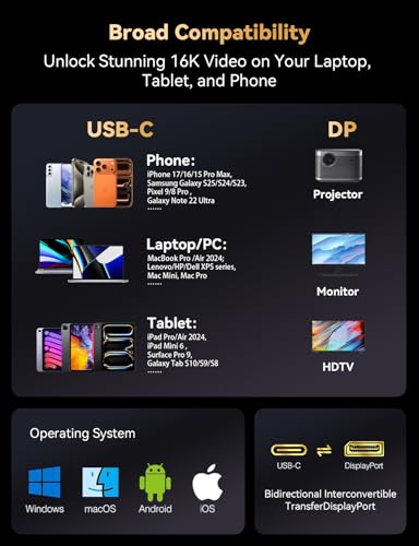 Bidirectional USB C to DisplayPort 2.1 Cable, 16K DisplayPort to USB C Cord 10ft, 16K@60Hz 8K@240Hz/120Hz Premium Aluminum Plug & Play Compatible with MacBook Pro/Air, Laptop, Graphics Card - size: 9.9 ft