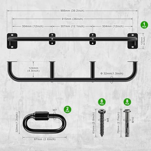 SELEWARE 32"/36" Wall Mount Pull Up Bar Joist Mount Chin Up Bar for Doorway | Heavy Duty Steel Construction Support 450 lb, w/Resistance Band Hooks, Fits 32"/36" Wall Studs for Home Gym Strength Training - size: A: 36" x 1.3" Dia Grip