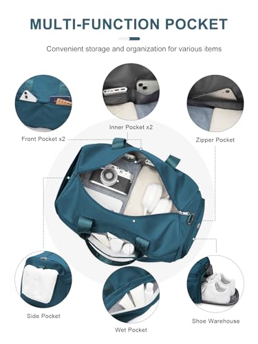 Gym Bag for Women Men, Sport Duffel Bag with Toiletry Bag & Shoe Compartment,Waterproof Travel Weekender Overnight Carry on Bag for Yoga with Trolley Sleeve, Peacock Blue Set - color: A4-Peacock Blue Set