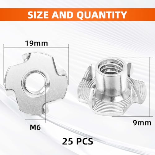 M6 T-Nut, Barrel Length 8mm, 304 Stainless Steel Threaded Insert, 4-Pronged Tee Nut for Wood, Rock Climbing Holds, Cabinetry, Furniture, 25 PCS - size: M6