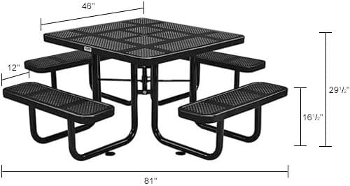 Global Industrial 46" Square Perforated Metal Outdoor Picnic Table, 81" W x 81" D Overall, Black