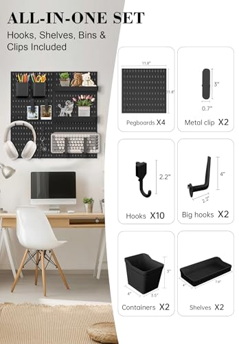 Pegboard Wall Organizer Set – 4 Peg Boards with Hooks & Shelves – Office, Kitchen, Gaming Room Desk Pegboard Storage – Peg Board Wall Display Rack (Black) - color: Black