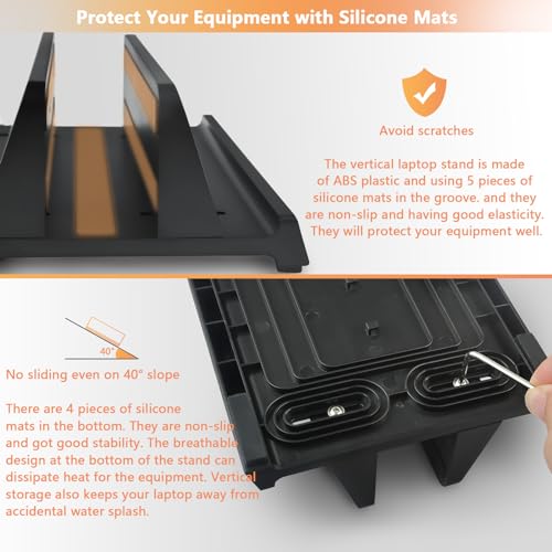 Vertical Laptop Stand Holder, ABS Organizer with Adjustable Dock, All in 1 Design Space-Saving, Sturdy Laptop Computer Holder for PC up to 17.3 inches, MacBook, Mini PC, Pad, Phone (Black, 1 Slot)