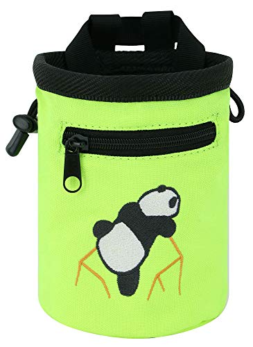 AMC Rock Climbing Panda Embroidered Chalk Bag with Zipper Pocket - color: Fluorescent Green