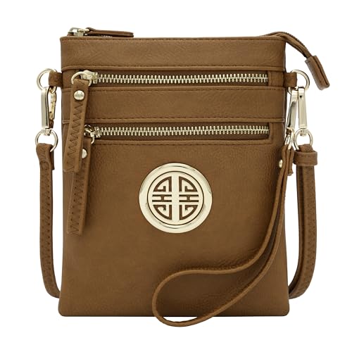 Solene Small Multi Zipper Pockets Crossbody Bag with Detachable Wristlet - color: Tan