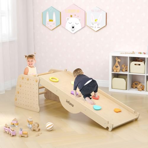 INFANS 7 in 1 Climbing Toys for Toddlers, Upgrade Wooden Montessori Cube Climber Set with Reversible Ramp Slide Ladder Seesaw, Indoor Pikler Climb Activity Jungle Gym Present for Kids Age 3+ - style: 7 in 1