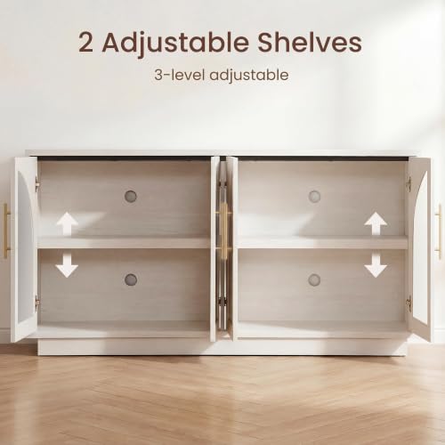 Fatmok 59" Buffet Cabinet with Glass Doors, Modern Arched Sideboard with Large Storage and Adjustable Shelves, Accent Console Credenza for Dining Room, Living Room, Entryway, White Wood Grain - color: B-white Wood Grain