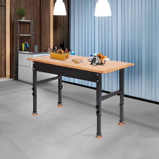 48" Adjustable Work Bench, Rubber Wood Top Workbench Heavy-Duty Work Table, 2000 LBS Load Capacity Hardwood Work Benches for Garage, Workshop, Home, Office, Easy Assembly