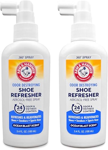 Arm & Hammer Shoe Refresher Spray, Odor Eliminator for Sneakers, 24 Odor & Wetness Control, Aerosol-Free Shoe Deodorizer Spray, Ocean Blast Scent, 3.4 oz, Pack of 2 - size: 3.4 Ounce (Pack of 2)