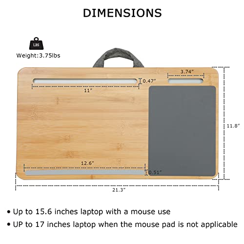 SUMISKY Laptop Lap Desk with Cushion Protable LapDesk with Handle Tablet Support Phone Holder and Mouse Pad Oversized Bamboo Laptop Stand for Sofa Fits Up to 17 Inches - size: L(21.3"x11.8")