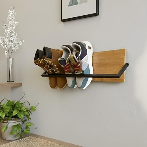 Wall Mounted Shoe Rack Scandinavian Bamboo & Metal Shoe Storage, Space-Saving Organizer for Entryway & Hallway, Fits All Shoe Sizes, Hanging Shoe Rack