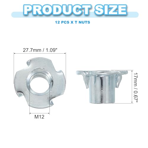 Generic M12 T-Nuts, 12 Pcs Zinc Plated Steel 4-Pronged Tee Blind Nut 17 mm Length Four-jaw t Nuts Threaded Inserts Hardware for Wood Furniture Cabinetry Rock Climbing Holds