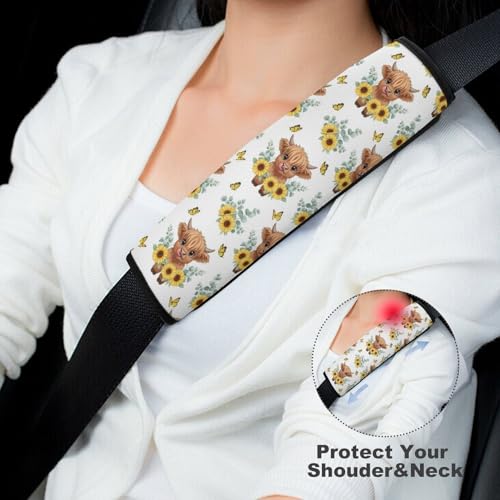 2 Pack Breathable Car Seat Straps Shoulder Pads for Adults and Children, All Vehicles, Cute Sunflower Highland Cow Harness Pads Strap, Pressure Relief - color: Pattern 218