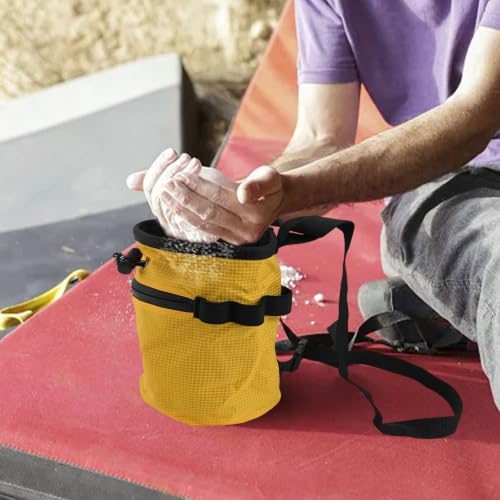 Climbing Chalk Bag with Anti-Leak Drawstring, 420D Oxford Magnesium Powder Bag for Rock Climbing and Weightlifting, Gym Chalk Bucket with Phone Pocket and Adjustable Belt, Blue(Yellow) - size: Yellow