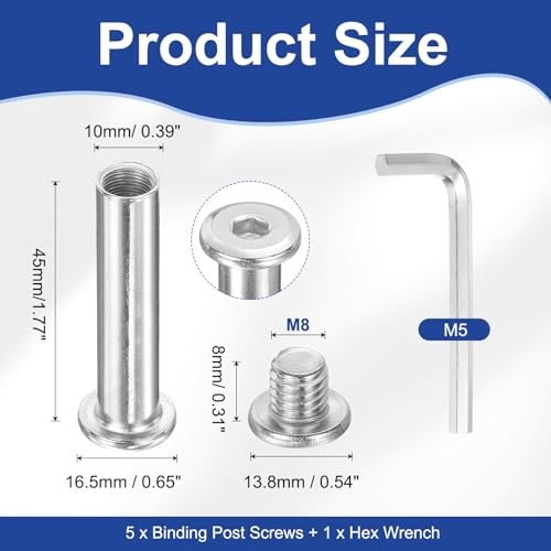 PATIKIL M8x8mm Hex Chicago Screws 10x45mm, 5Pcs 304 Stainless Steel Metric Hex Drive Socket Cap Binding Post Screw Posts for Scrapbook Leather Belt Album Furniture Repair, Silver - size: M8x8mm, 10x45mm