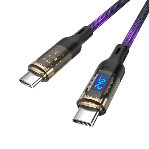 240W USB C to USB C Transparent Cable with LED Display Compatible with 140W 100W Fast Charging for MacBook Pro,lPhone 16/15/15Pro/15ProMax,Galaxy S23+/S23Ultra/S22,6.6ft,Black - size: 6.6Ft