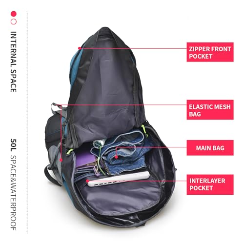 Bseash 50L Hiking Backpack, Water Resistant Lightweight Outdoor Sport Daypack Travel Bag for Camping Climbing Skiing Cycling (Blue Green - With Shoe Compartment) - color: Blue Green - With Shoe Compartment
