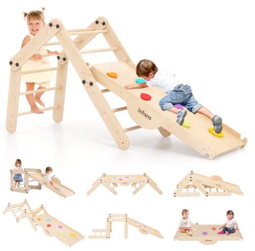 INFANS 12 in 1 Climbing Toys for Toddlers, Upgrade Wooden Montessori Foldable Triangle Climber Set with Reversible Ramp Slide Ladder Seesaw, Indoor Pikler Climb Activity Jungle for Kids Age 3+ - style: 12 in 1