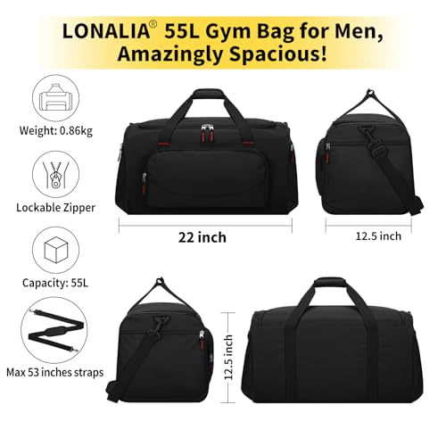 55L Sports Gym Duffle Bag for Men, Black | 22 inch, Multi Pockets, Large Capacity, Workout, Travel, Weekender, Fitness - color: Black