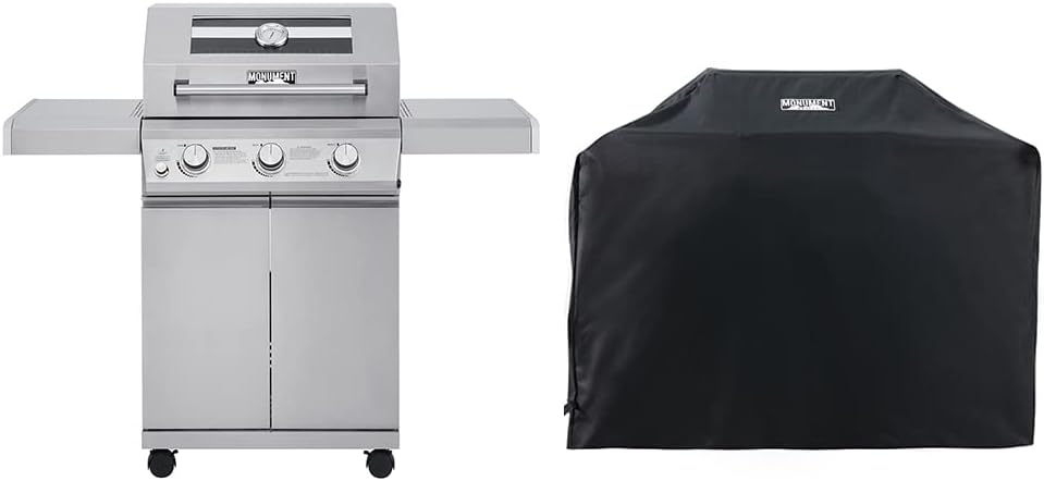Monument Grills Larger 3-Burner Propane Gas Grills Barbeque Stainless Steel Heavy-Duty Cabinet Style with BBQ Cover (2 Items)