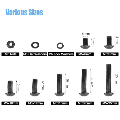 DYWISHKEY 246 Pieces M5 Black Screws, 10.9 Grade Alloy Steel M5x 6/8 /10/12 /16/20 /25mm Button Head Socket Cap Screws Bolts Nuts Washers Assortment Kit - size: M5, style: Button Head Socket Cap