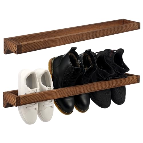 Wenqik 2 Pcs Wall Mounted Wooden Shoe Rack 30 Inch Rustic Wood Wall Hanging Shoe Rack Space Saving Footwear Holder Shoes Storage Organizer for Mudroom, Entryway, Closet (Burnt Wood) - color: Burnt Wood