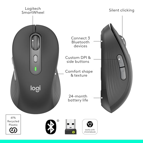 Logitech Signature Plus M750 Wireless Mouse – for Small to Medium Hands, SmartWheel, Bluetooth, Multi Device, 24-Month Battery, Silent Clicks, Customizable Side Buttons, Contoured Shape - Graphite | Wireless navigation with Bluetooth connectivity, USB rec