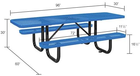 Global Industrial 8'L Rectangular Picnic Table, ADA Compliant, Expanded Metal, Blue Thermoplastic Coating, Attached Benches, 1-1/2” Umbrella Pole Hole, Outdoor-Rated