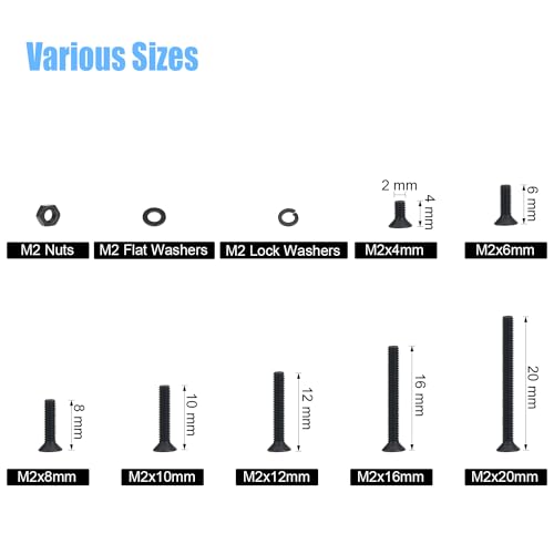 DYWISHKEY 566 Pieces M2 Black Screws, 10.9 Grade Alloy Steel M2x 4/6 /8/10 /12/16 /20mm Countersunk Head Socket Cap Screws Bolts Nuts Washers Assortment Kit - size: M2, style: Countersunk Head Socket Cap