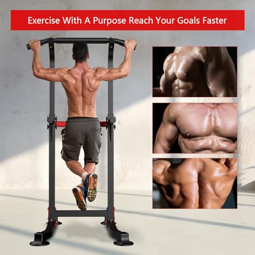 ZENOVA Pull Up Bar Dip Bar Squat Rack Workout Dip Station Height Adjustable Free Standing Chin Up Bar - color: Black&Red