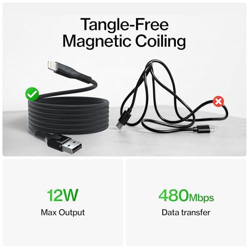 Statik MagStack USB A to Lightning Coiling Magnetic Charging Cable, 12W | MFi-certified Nylon Braided Tangle-Free, Magnetic Coiling, Data Transfer, Compatible with iPhone & iPad, 6FT Black, 3 Pack - color: Black, size: 6ft (3 Pack), style: USB-A to Lightn