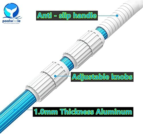 POOLWHALE Professional 12 Feet Blue Anodized Aluminum Telescopic Swimming Pool Pole,Adjustable 3 Piece Expandable Step-Up,for Skimmer Nets, Vacuum Heads and Brushes, Strong Grip & Lock