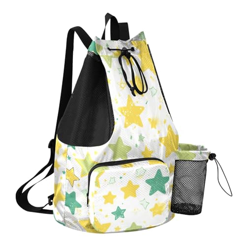 Drawstring Climbing Gym Bag With Inside Pockets Drawstring Bags For Men Women with Wet Dry Compartments Green and Yellow Stars