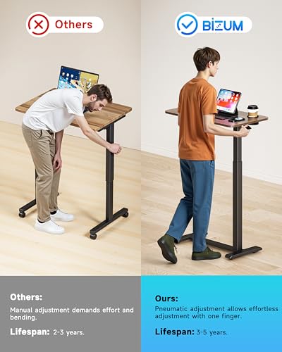 BIZUM Adjustable Bedside Table with Swivel Hidden Wheels Pneumatic Rolling Desk Mobile Standing Desk with Cup Holder for Hospital Home(27.6"x15.8" Walnut) - color: Walnut, size: 27.6"x15.8"