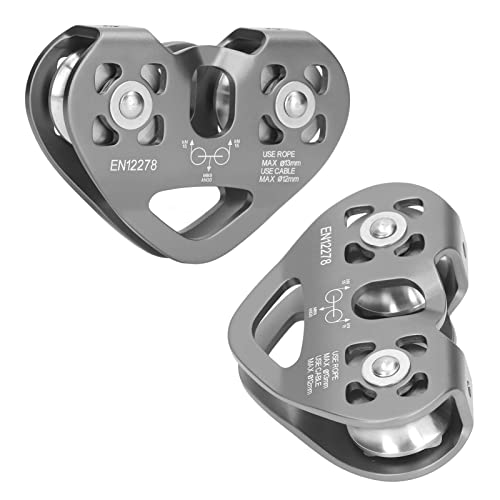 Tandem Speed Double Pulley, 25KN Pulley Climbing Pulley Pulley Aluminum Fixed Rope Pulley Zipline Trolley for Climbing Lifting Hauling Rigging (Gray)