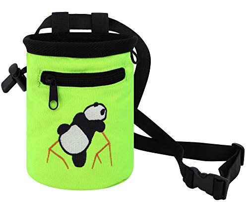 AMC Rock Climbing Panda Embroidered Chalk Bag with Zipper Pocket - color: Fluorescent Green