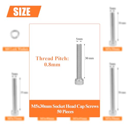 HELIFOUNER 50 Pieces M5 x 30mm, Thread Pitch 0.8mm, 304 Stainless Steel (18-8) Hex Socket Head Cap Screws, Fully Threaded - size: M5 x 30mm