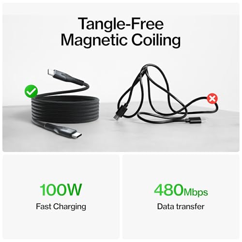 Statik MagStack Pro USB C to USB C Coiling Magnetic Charging Cable,100W | Nylon Braided Tangle-Free Design, Magnetic Coiling, Data Transfer, Compatible with iPhone & Android, 6FT Black - color: Black, size: 6ft, style: USB-C to USB-C