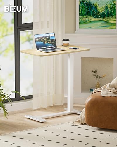 BIZUM Adjustable Bedside Table with Swivel Hidden Wheels Pneumatic Rolling Desk Mobile Standing Desk with Cup Holder for Hospital Home(27.6"x15.8" Maple) - color: Maple, size: 27.6"x15.8"