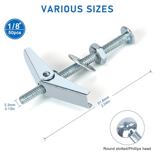 200 Pcs 1/8 Inch 50 Sets Heavy Duty Metal Drywall Anchors Kit | Toggle Bolts and Wing Nuts Set for Hanging Lamps Heavy Items, Butterfly Anchors for Ceiling, Sheetrock, Hollow Wall - size: 1/8"-200pcs(50sets)