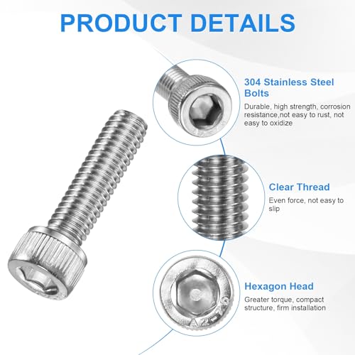 M METERXITY 20-Pack M6 x 22mm Socket Head Cap Screws, 304 Stainless Steel Hex Machine Bolts, Allen Socket Drive Screw with Hex Wrench for Repair/DIY, Fully Threaded Fasteners Kit [Silver] - size: M6 x 22mm