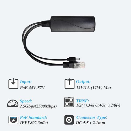 2.5G PoE Splitter 12V/1A, DC 5.5 * 2.1mm Plug, 48V PoE to DC 12V/1A 12W Output, 2.5Gbps Ethernet Comply IEEE802.3af/at, Plug and Play for IP Camera, Smart Home - style: PS5712G-X DC 5.5 x 2.1 12V/1A