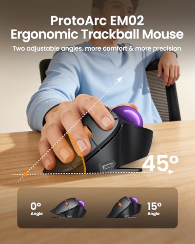 ProtoArc EM02 Wireless Trackball Mouse, Ergonomic Thumb Ball, Purple | 0/15° Adjustable Angle for Different Wrist Positions, Connect 3 Devices Via Bluetooth/2.4G USB-A, Rechargeable Battery - color: Purple