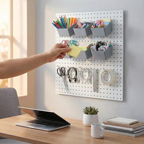 Pegboard Bins and Hooks Set, 4 Pack Open Front Storage Bins with 2 Inch Hooks, Fits 1/4" & 1/8" Pegboard, Heavy Duty Small Parts Organizer for Screws Nails Tools, Garage Workshop Wall Storage