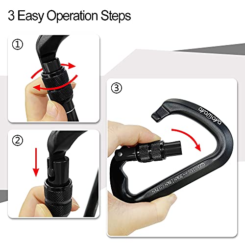 Ayamaya Climbing Carabiners - 3 Pack Screwgate Locking Carabiner 30KN (6744 lbs) Heavy Duty Gears for Rock Climbing, Rappelling, Swing Rescue & Gym, Large D-Shaped Carabiners - color: Black