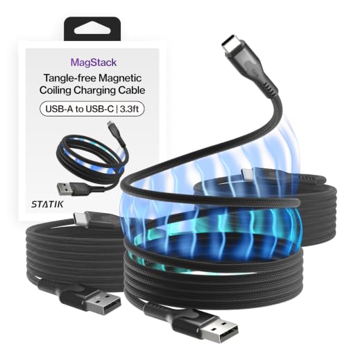 Statik MagStack USB A to USB C Coiling Magnetic Charging Cable, 27W | Nylon Braided Tangle-Free Design, Magnetic Coiling, Data Transfer, Compatible with iPhone & Android, 3FT Black, 3 Pack - color: Black, size: 3ft (3 Pack), style: USB-A to USB-C